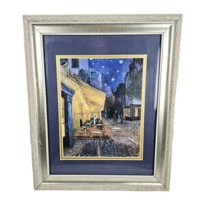 Van Gogh Cafe Terrace at Night Framed Art Print Silver Frame Wall Decor 16 X 14